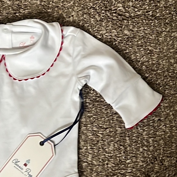 NWT Classic Prep Long Sleeve Izzy Onesie. Bright White with Crimson Ric Rac. - Picture 3 of 6